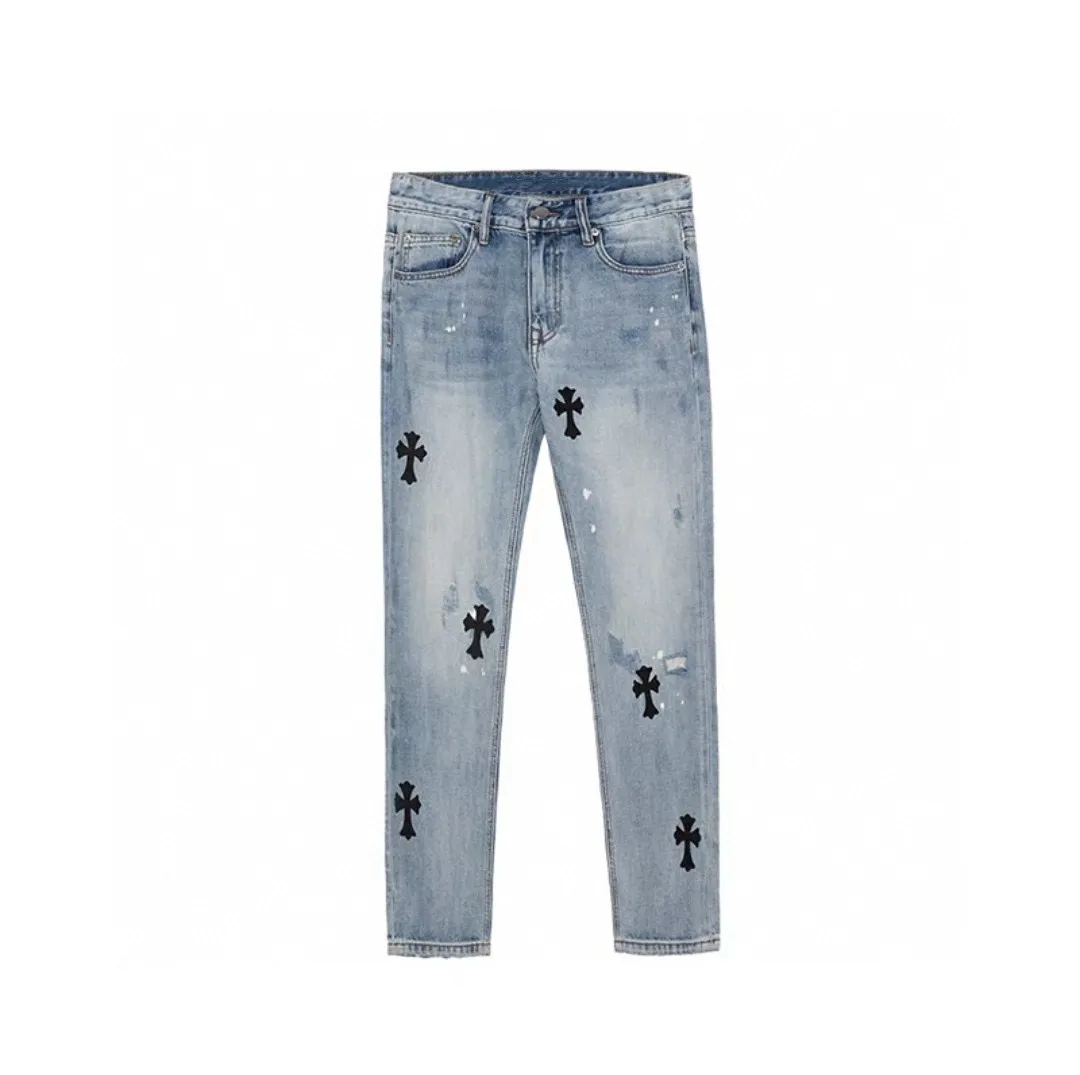 P160 High Street Chrome Hearts CH Chrome Hearts Printed Logo Jeans Wide Leg Pants A high version of a logo jeans. Each logo position of the entire pair of pants has been carefully considered and the logo is printed. The blue color is taken away from the ink splashing process, which is unique. The fabric has been washed several times and is soft and comfortable. It is produced by a large factory and has fine workmanship. The upper body is super beautiful. A must-have jeans for all seasons. Can match couples Color: blue Size: M~XXL